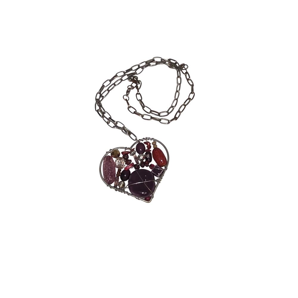 VTG Necklace Mosaic Beads & Stones In Large Heart-Shaped Pendant - Picture 2 of 6